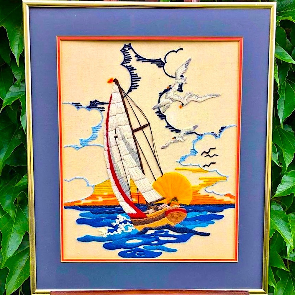 CCO SALE Vintage ⛵️Sailboat Sunset Framed Crewel Needlepoint Embroidery 16.5x20”